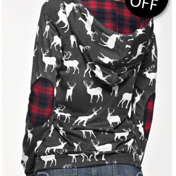 Reindeer hoodie with plaid details sz S EUC - Picture 1 of 7